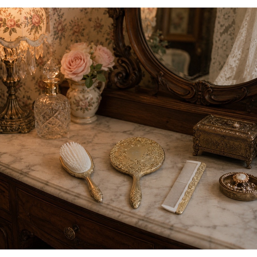 Vintage Ornate Gold Gilt Floral 3pc Vanity Set Mirror Brush Comb Hong Kong